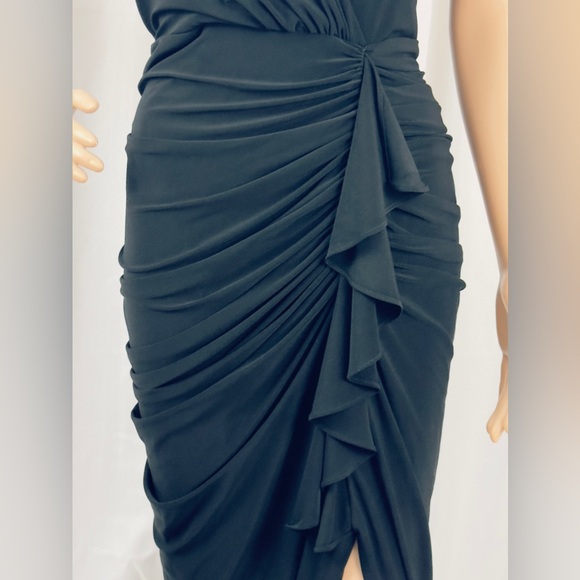 Betsy & Adam Black Formal Full Length V-Neck Ruched Lower Mid Slit Dres… - Picture 8 of 16